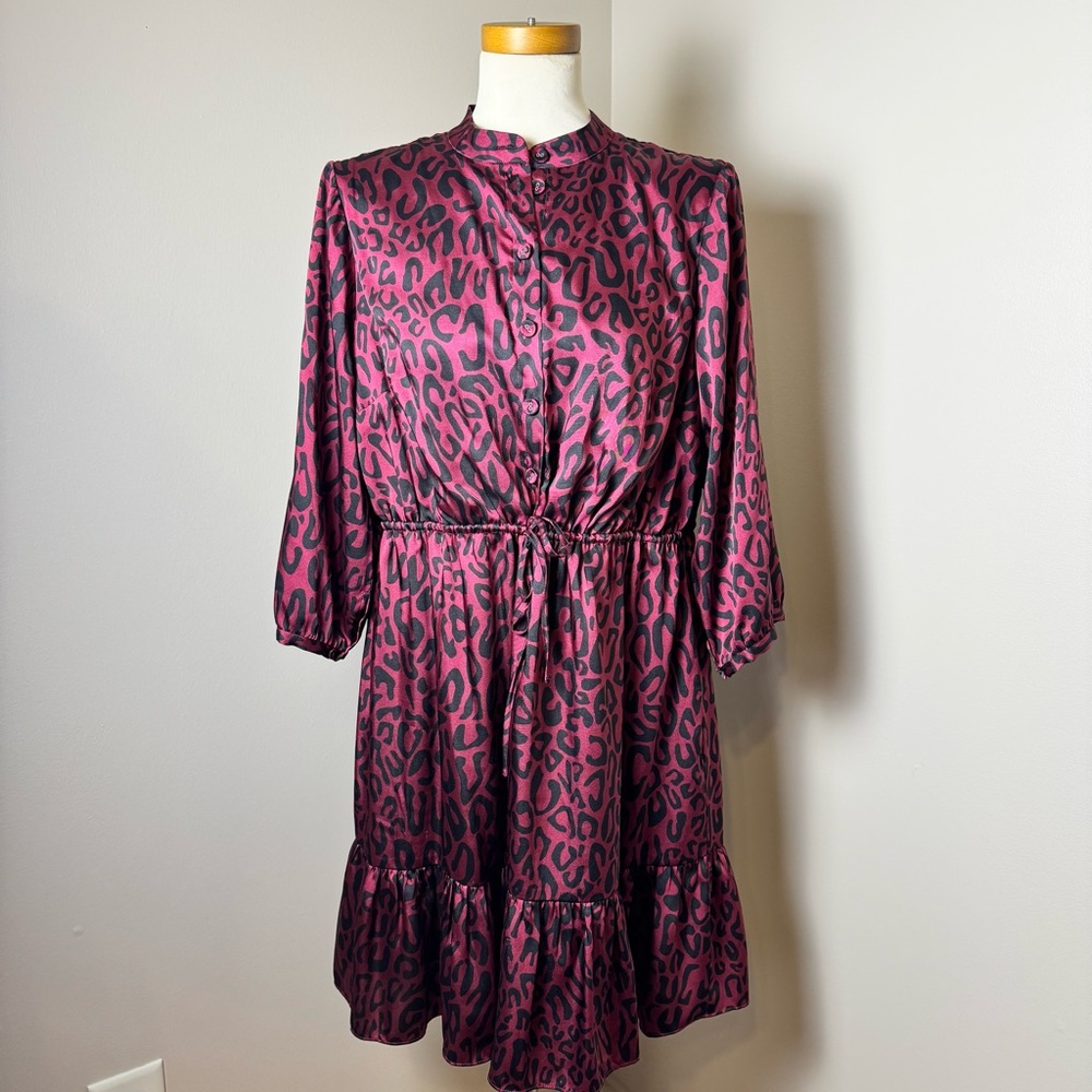 REBECCA MINKOFF Leopard Print Long Sleeve Draw String Waist Dress BURGUNDY / 1X
